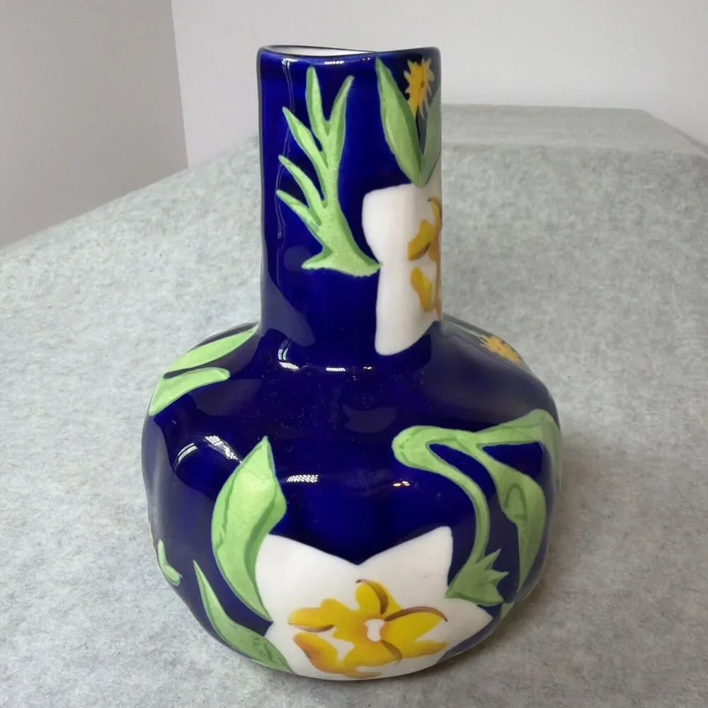 Anthropologie Blue Hand Painted Stoneware Leah Goren Vase Floral